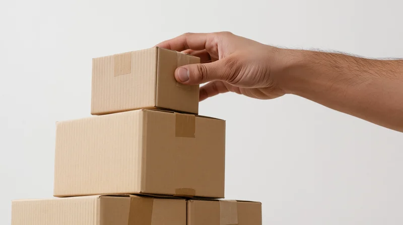 Hand placing small cardboard box on top of stacked pyramid of packages against white background