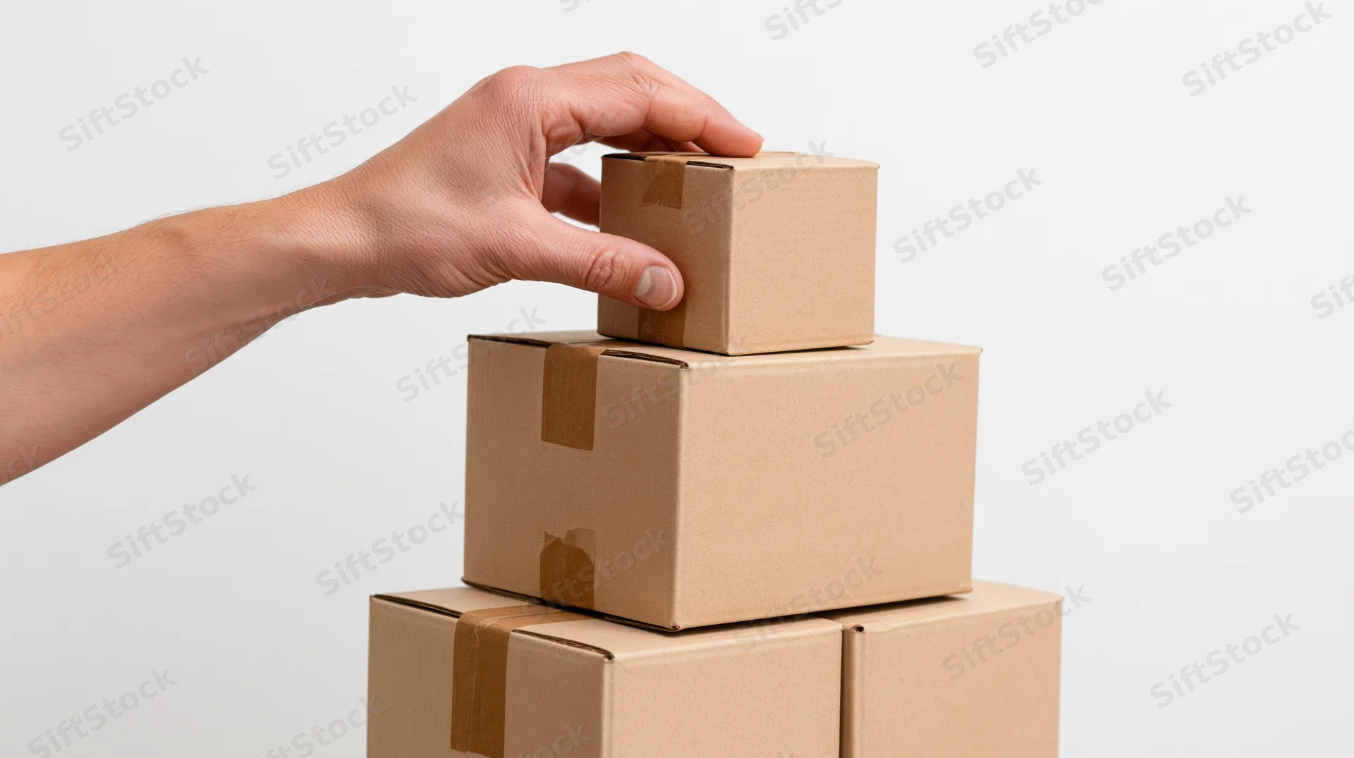 Hand placing small cardboard box on top of stacked pyramid of packages