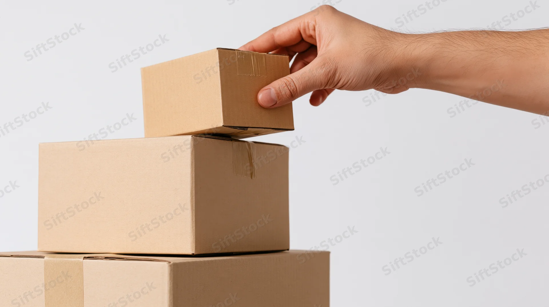 Hand placing small cardboard box on top of stacked boxes against white background