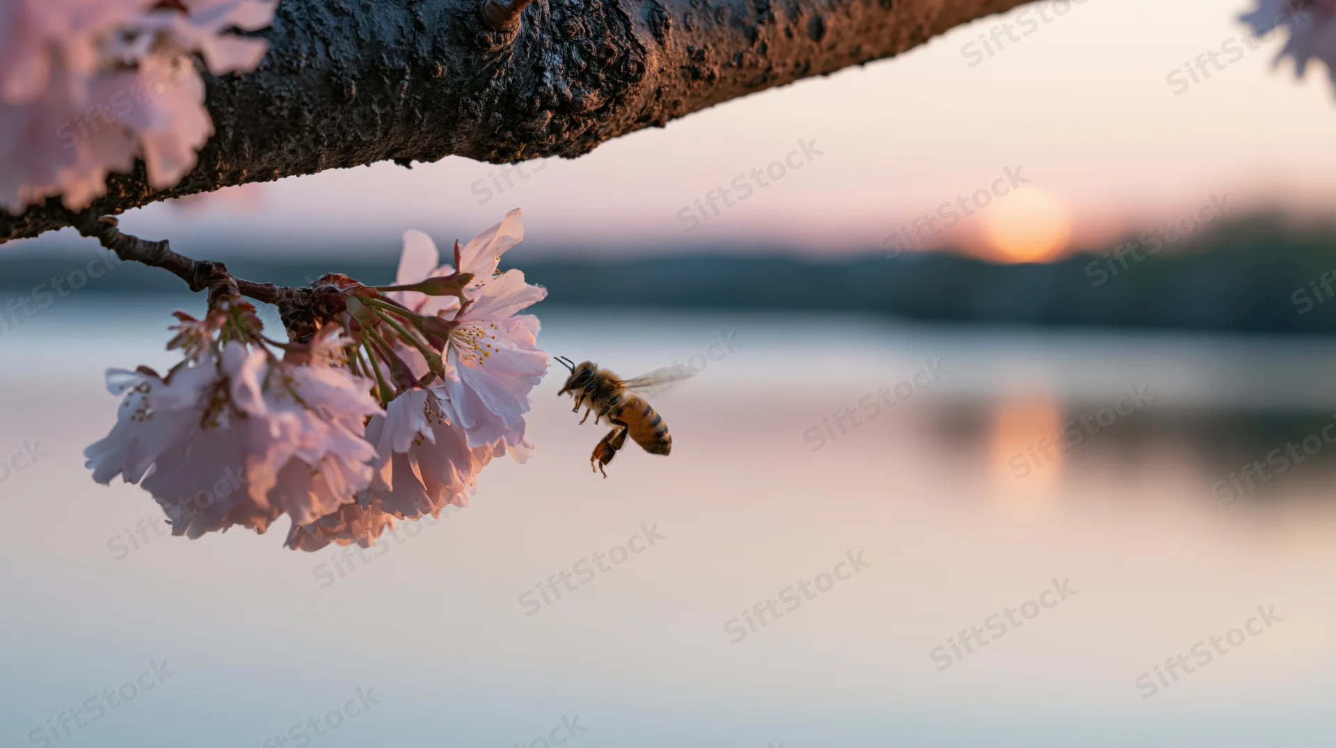 Honeybee hovering near cherry blossoms by a lake at sunset