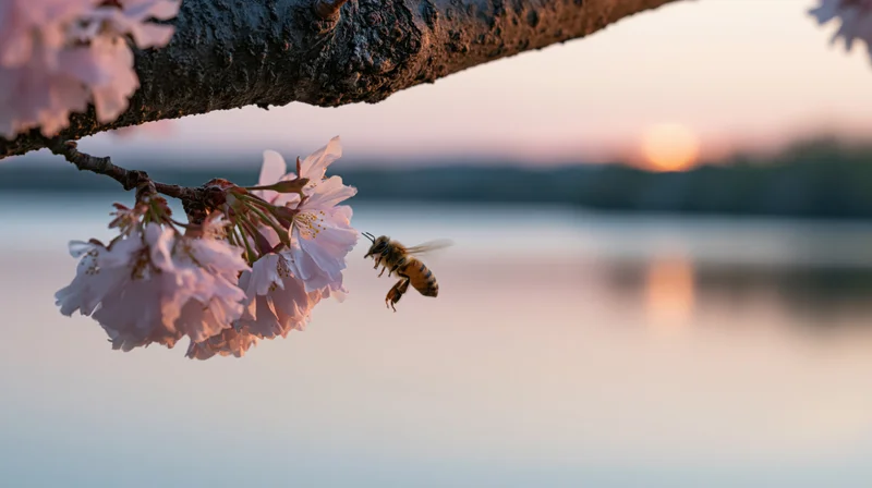 Honeybee hovering near cherry blossoms by a lake at sunset