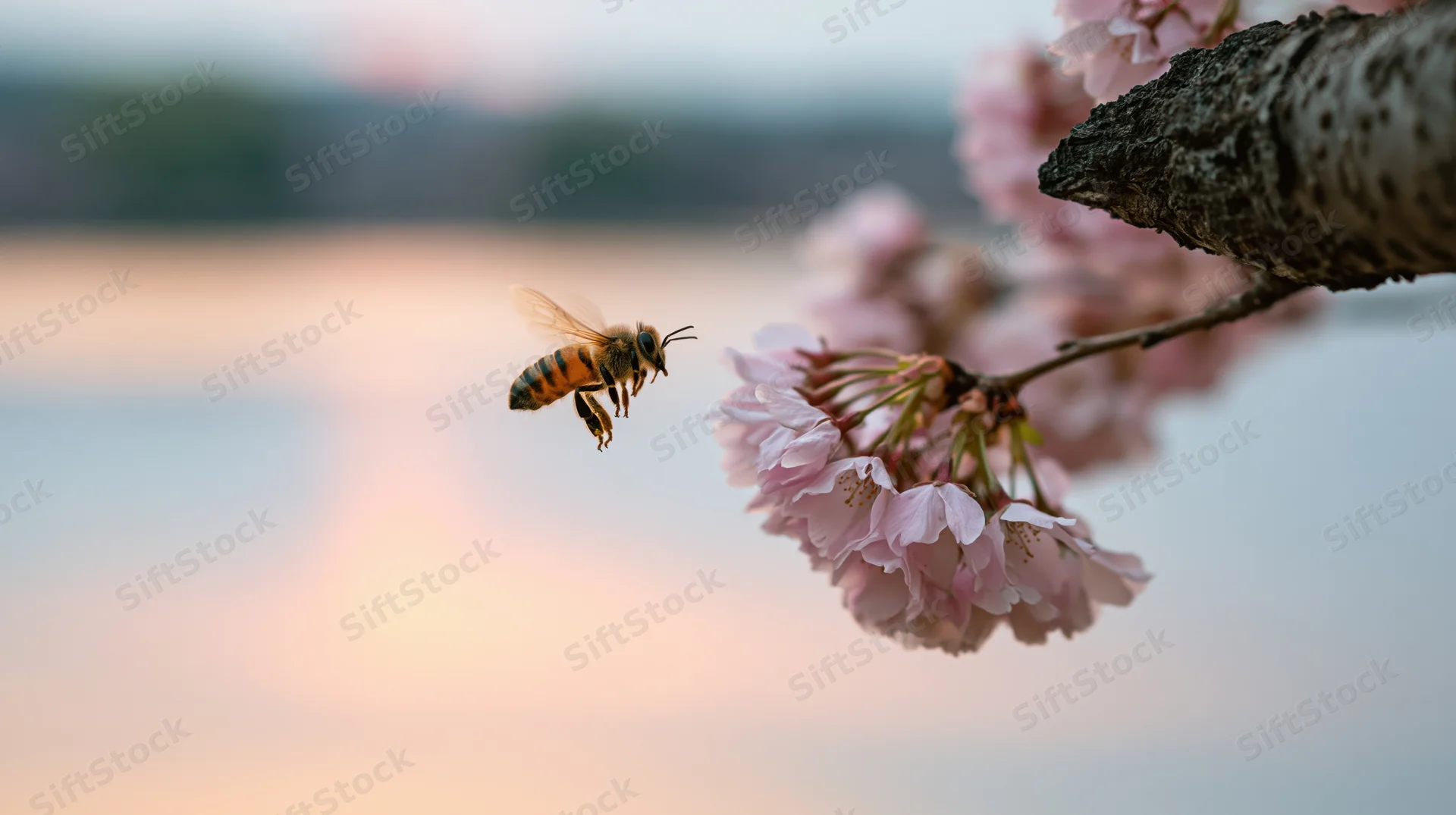 Honeybee hovering toward pink cherry blossoms on a tree branch in spring