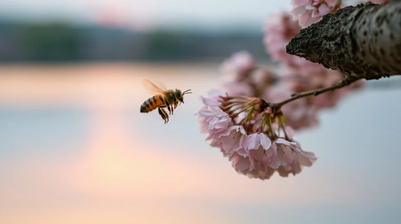Honeybee hovering toward pink cherry blossoms on a tree branch in spring