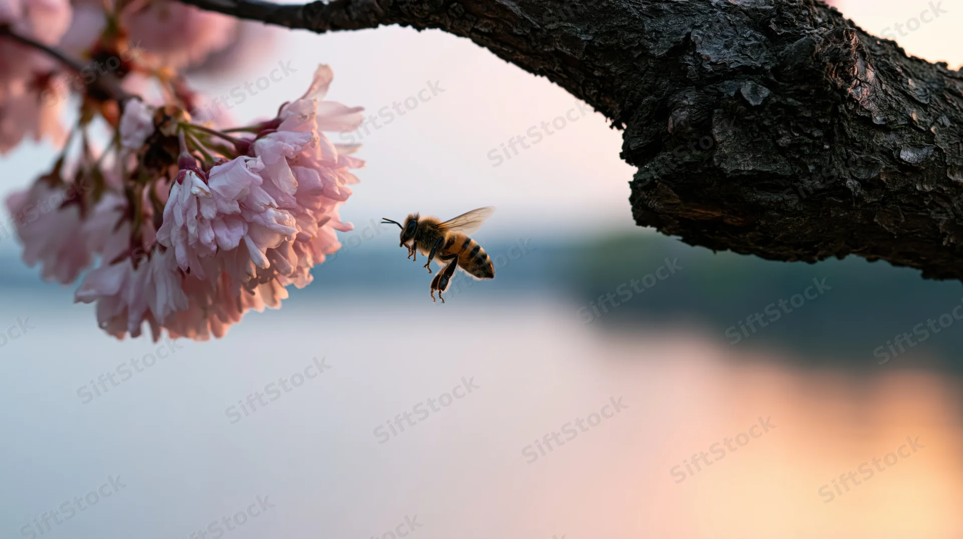 Honeybee hovering mid-flight toward a cluster of pink cherry blossoms on a tree branch