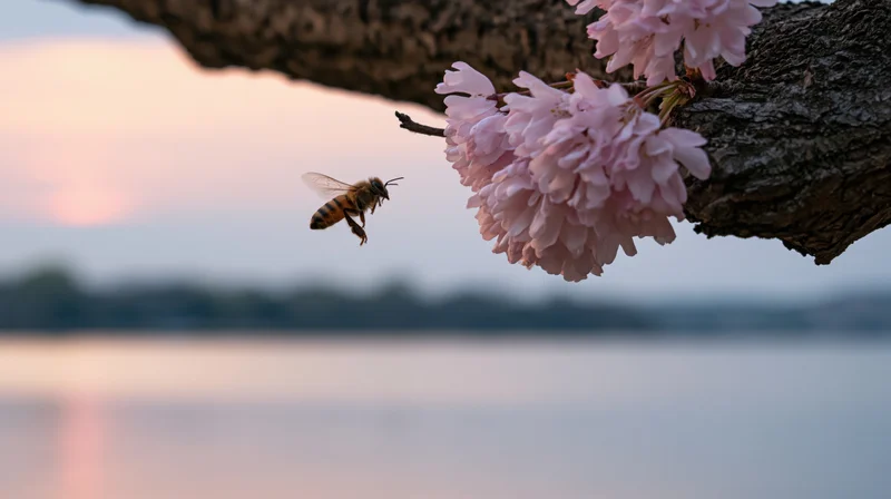 Honeybee hovering toward pink cherry blossoms on a tree branch above a calm lake at sunset