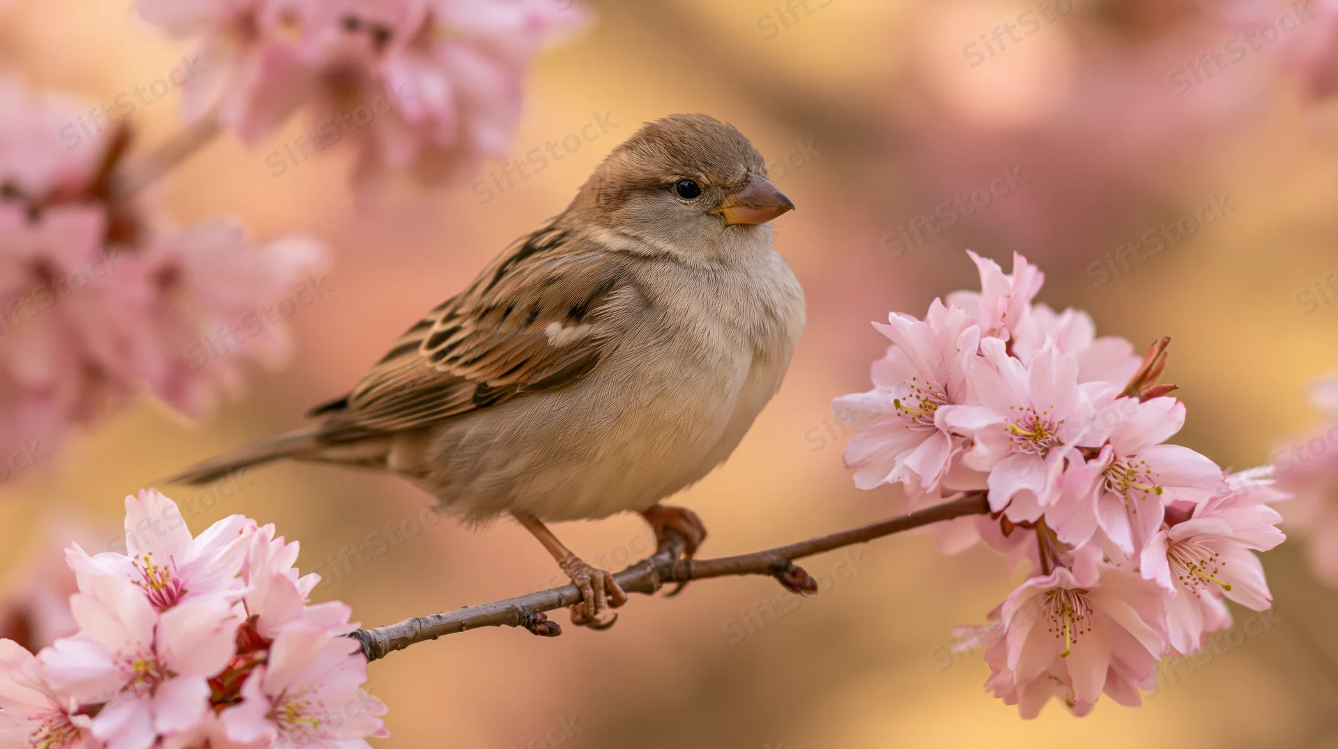 House sparrow perched on a cherry blossom branch in spring garden