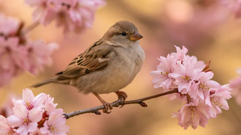 House sparrow perched on a cherry blossom branch in spring garden