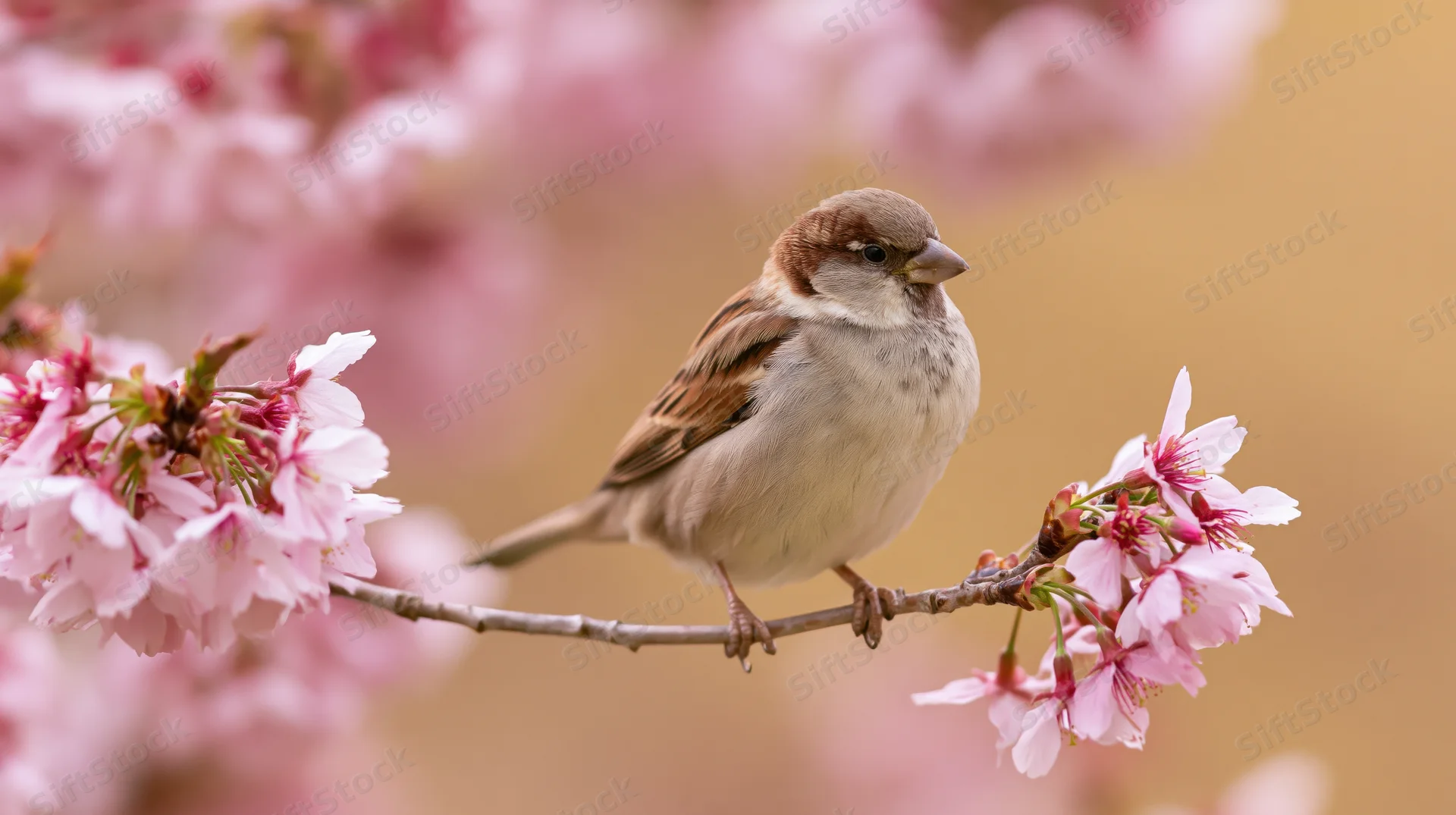 House sparrow perched on a cherry blossom branch in spring