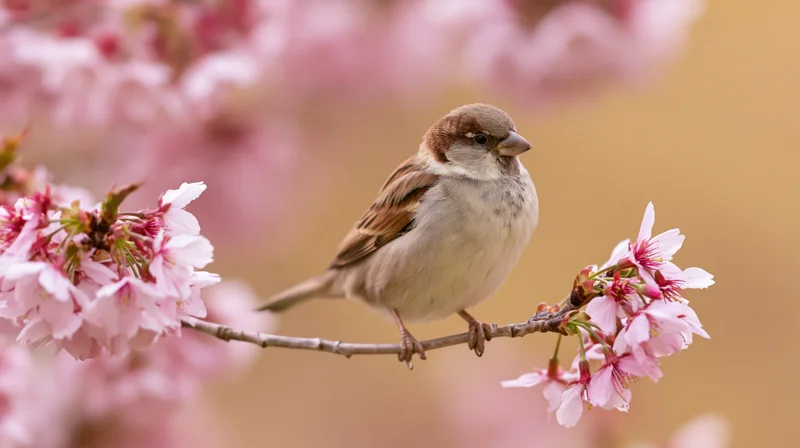 House sparrow perched on a cherry blossom branch in spring