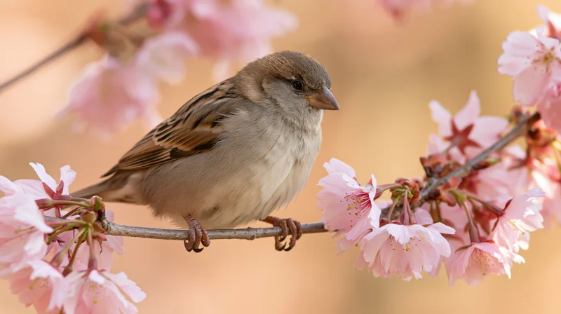 House sparrow perched on a cherry blossom branch in spring garden