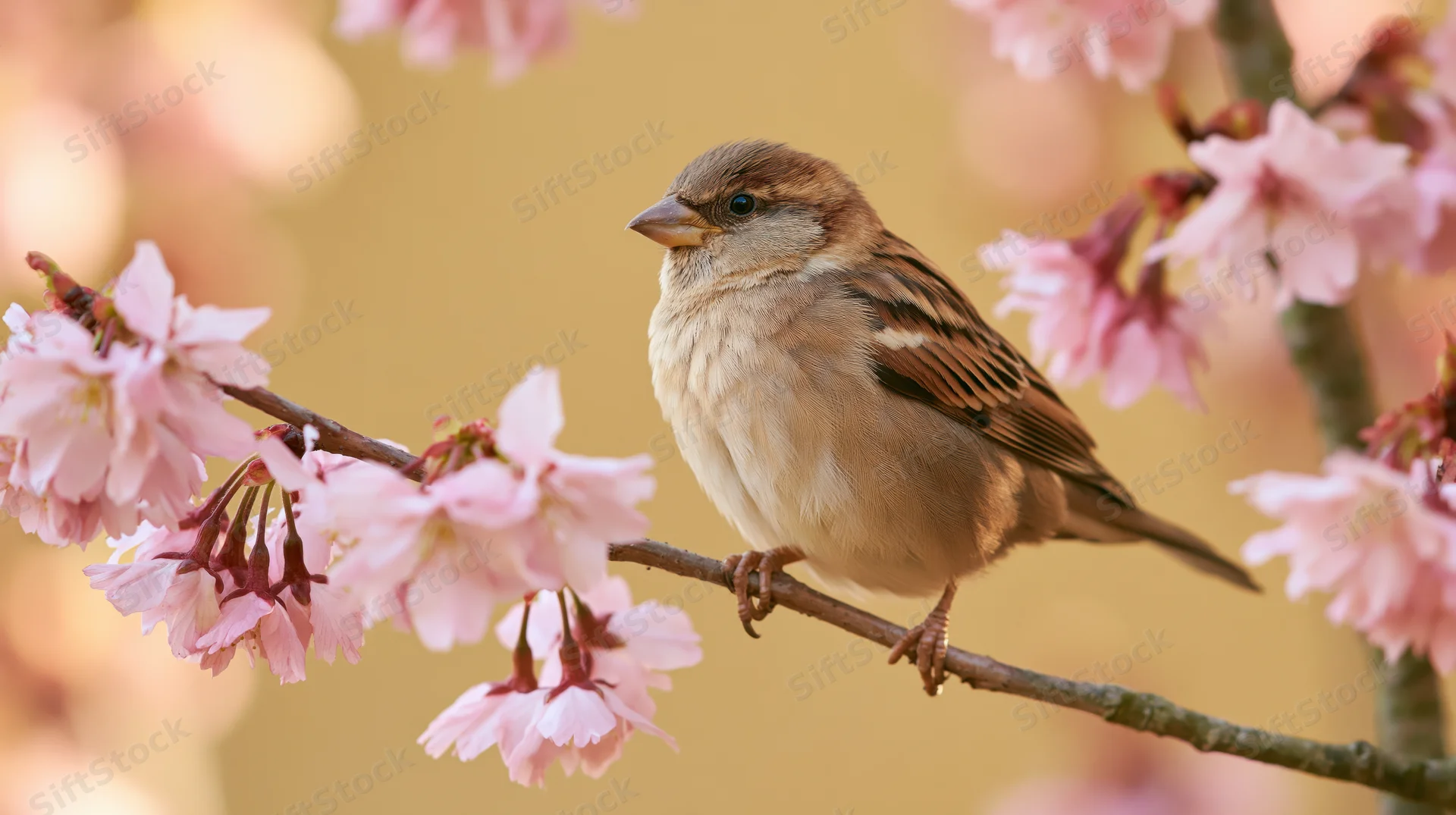 House sparrow perched on a cherry blossom branch in spring garden