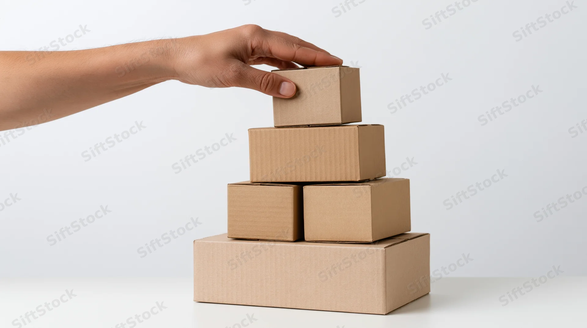 Hand placing small cardboard box on top of stacked boxes on white surface