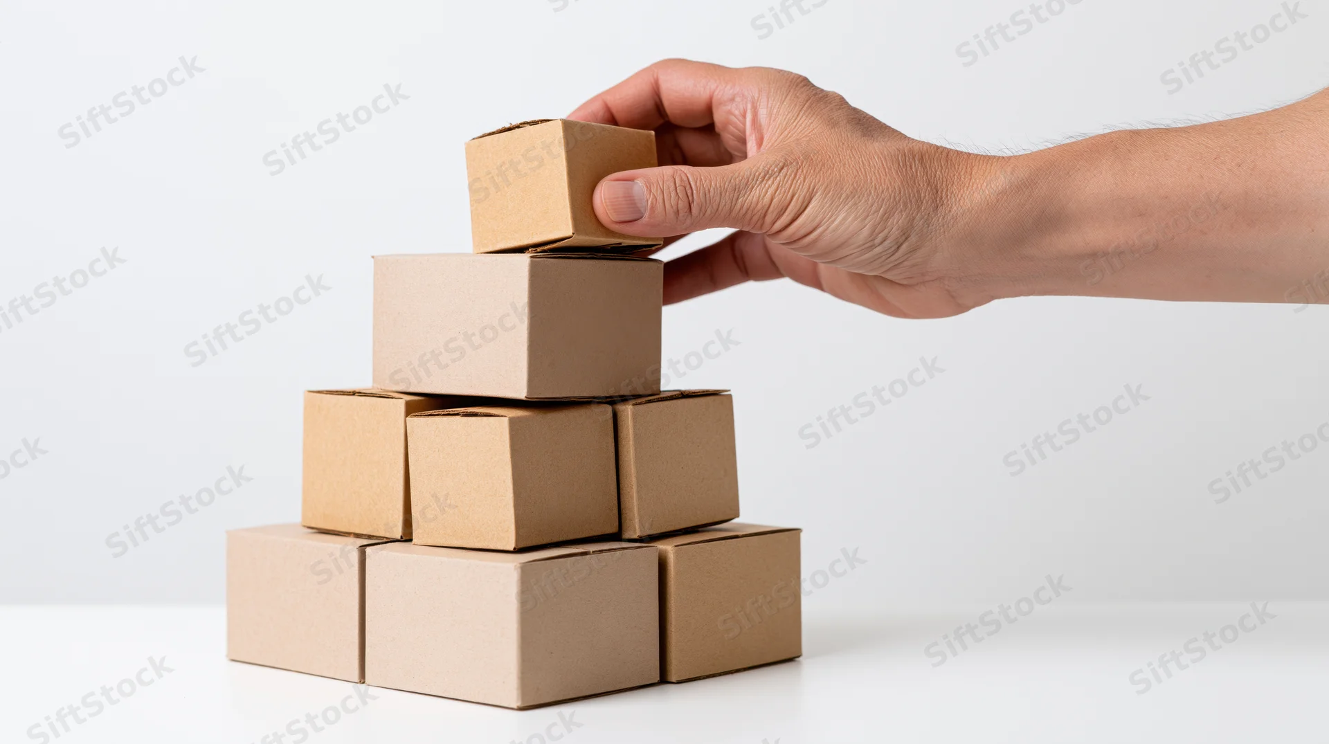 Hand placing small cardboard box on top of stacked boxes on white surface