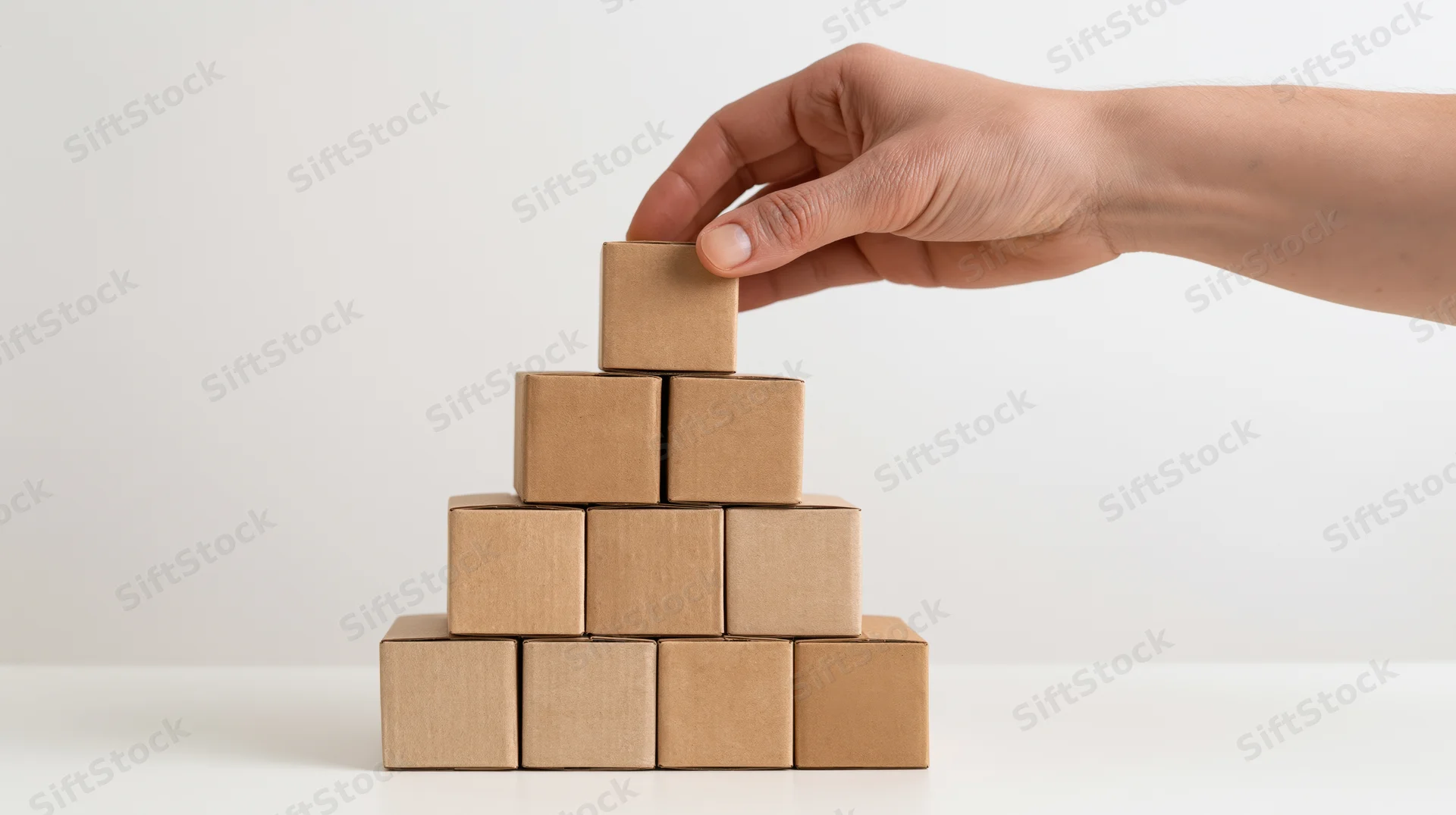 Hand placing cardboard box on top of pyramid stack on white surface