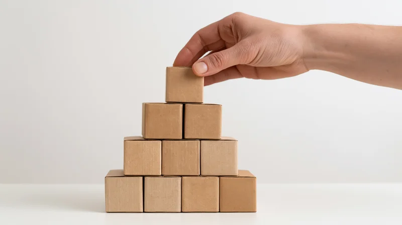 Hand placing cardboard box on top of pyramid stack on white surface