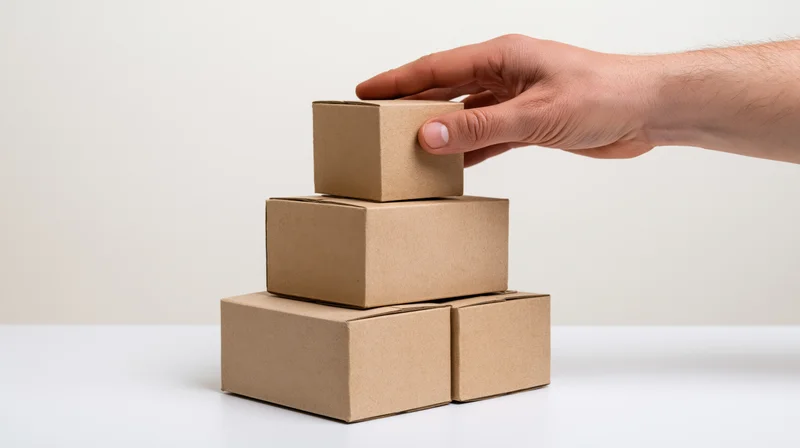 Hand placing small cardboard box on top of stacked boxes on white surface