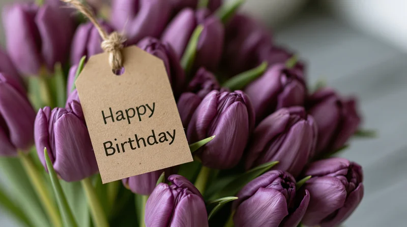 Purple tulips in a bouquet with a kraft paper tag reading happy birthday tied with twine