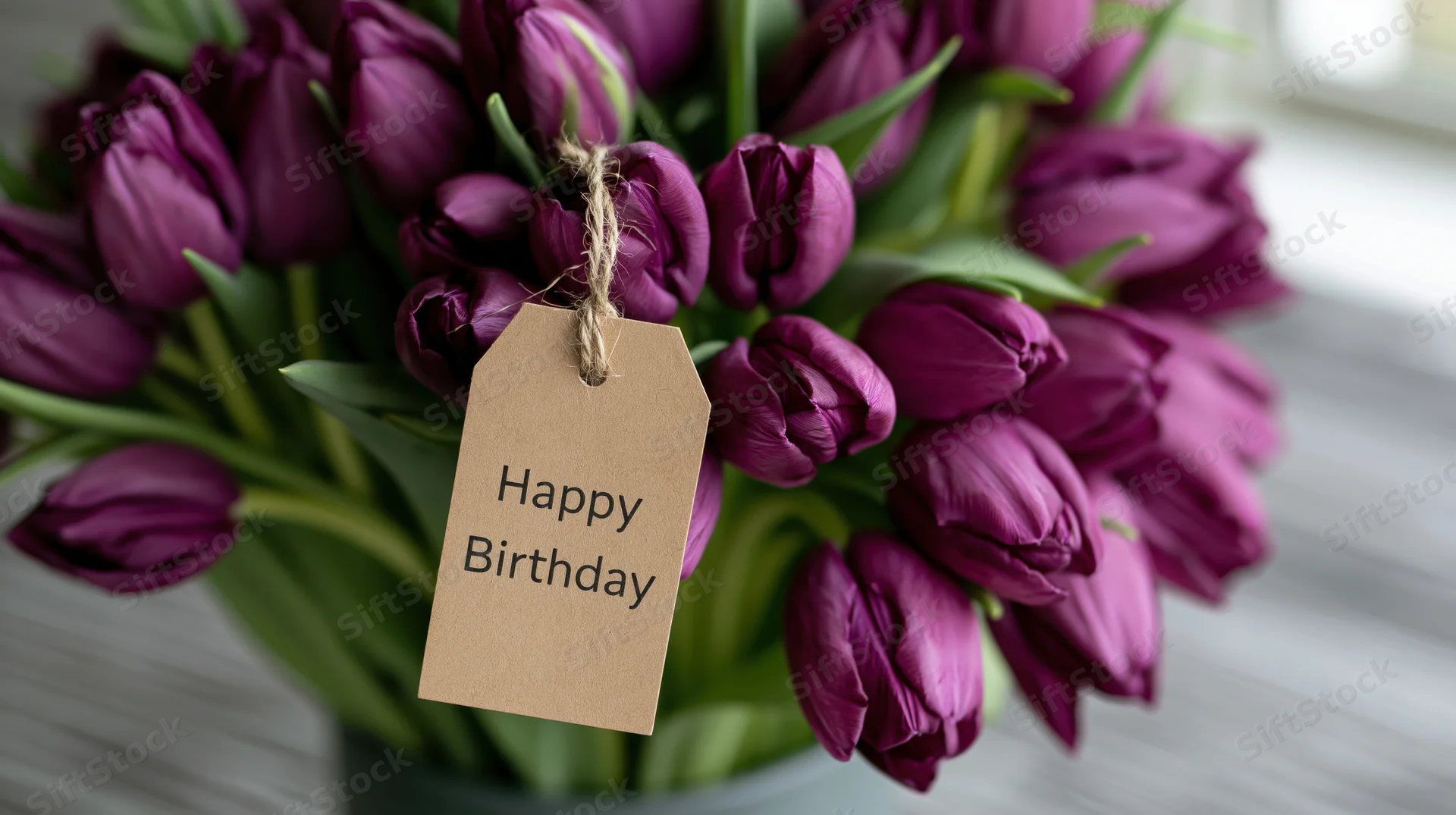 Purple tulips in a bouquet with a kraft paper tag reading happy birthday attached by twine