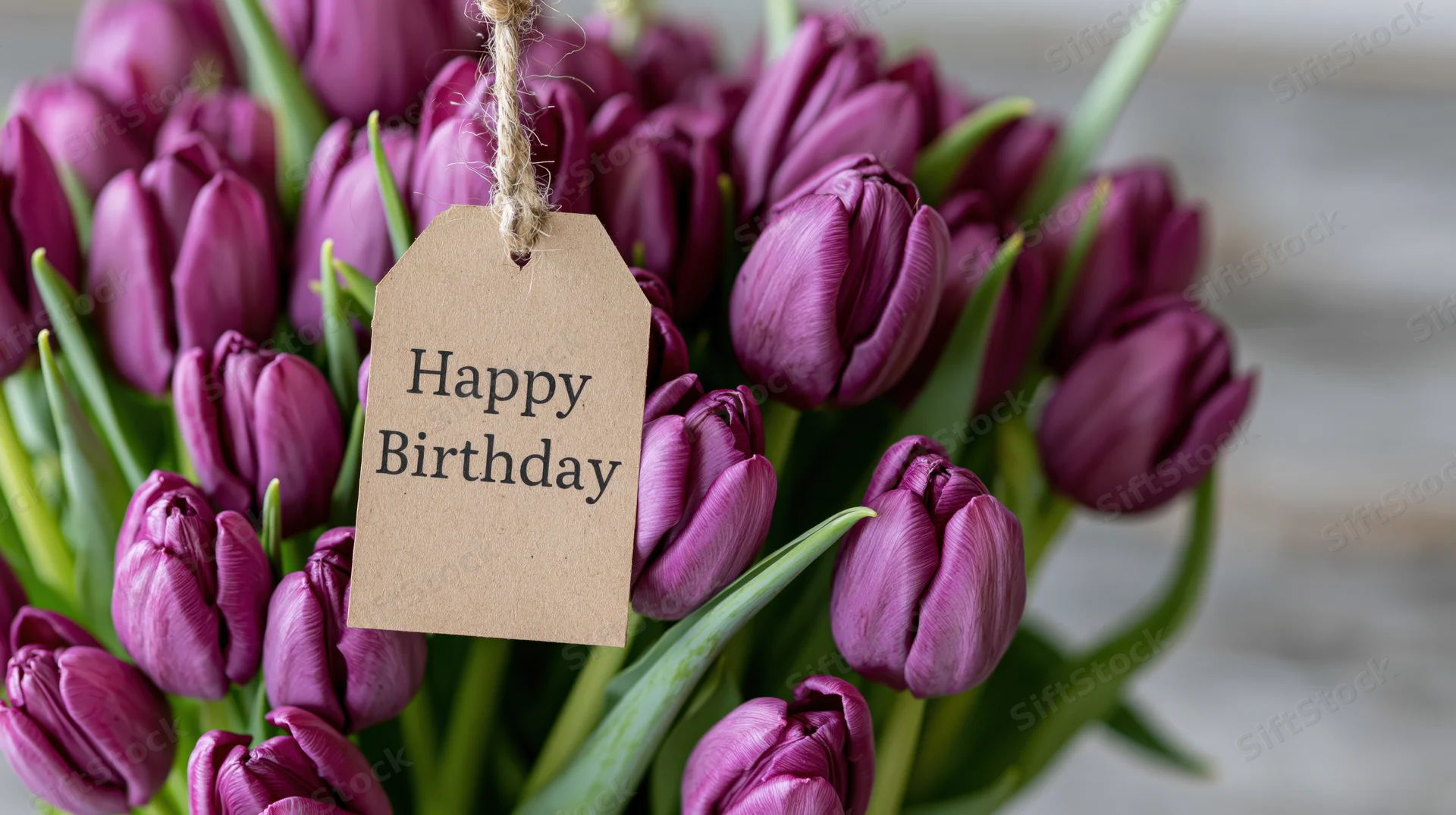 Purple tulips in a bouquet with a kraft paper tag reading happy birthday attached by twine