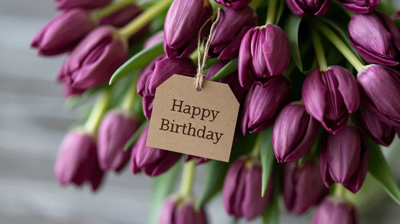 Purple tulips in a bouquet with a kraft paper tag reading happy birthday hanging from the stems