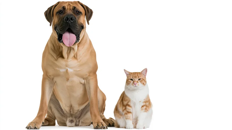 Large fawn boerboel dog and small orange-white cat sitting side by side in studio against white background