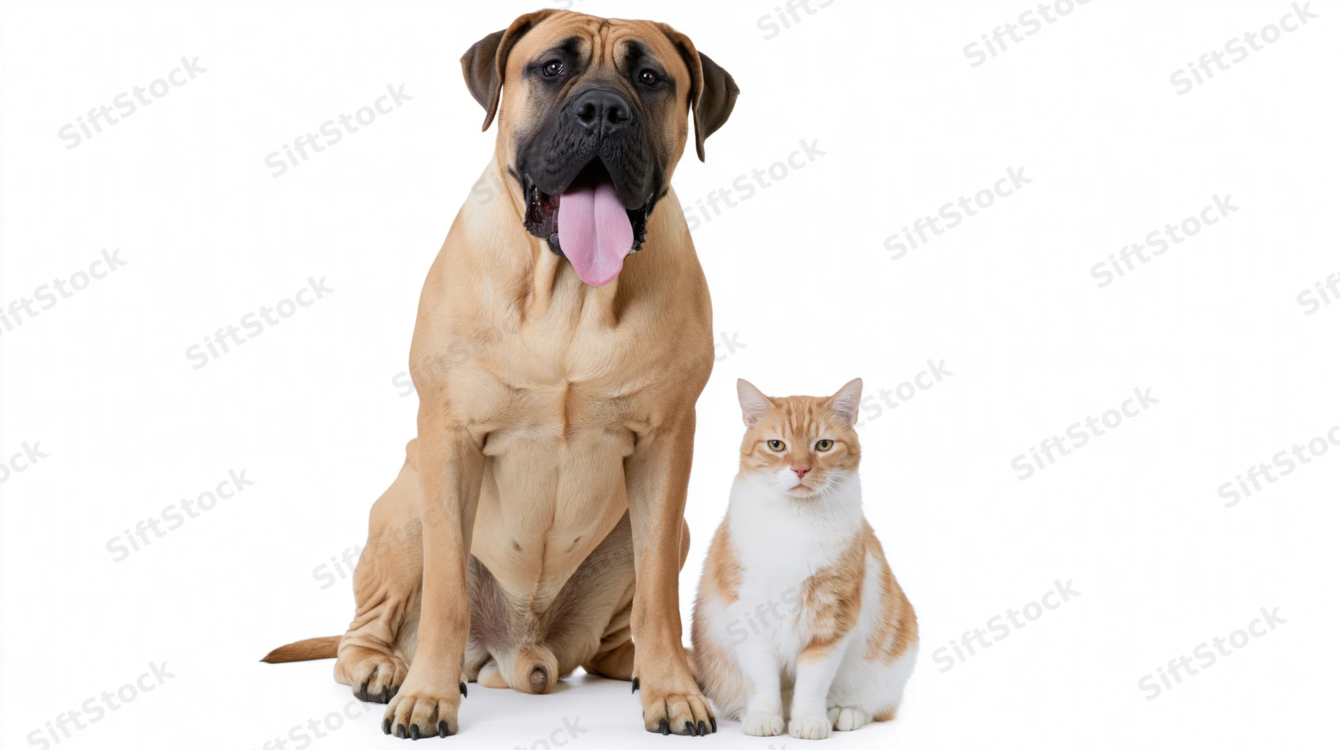 Large fawn boerboel dog sitting beside small orange and white cat on white background