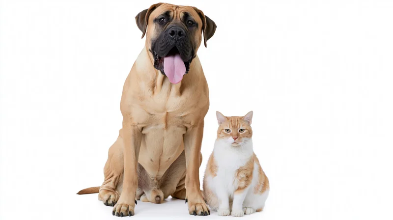 Large fawn-colored Boerboel dog sitting upright with mouth open