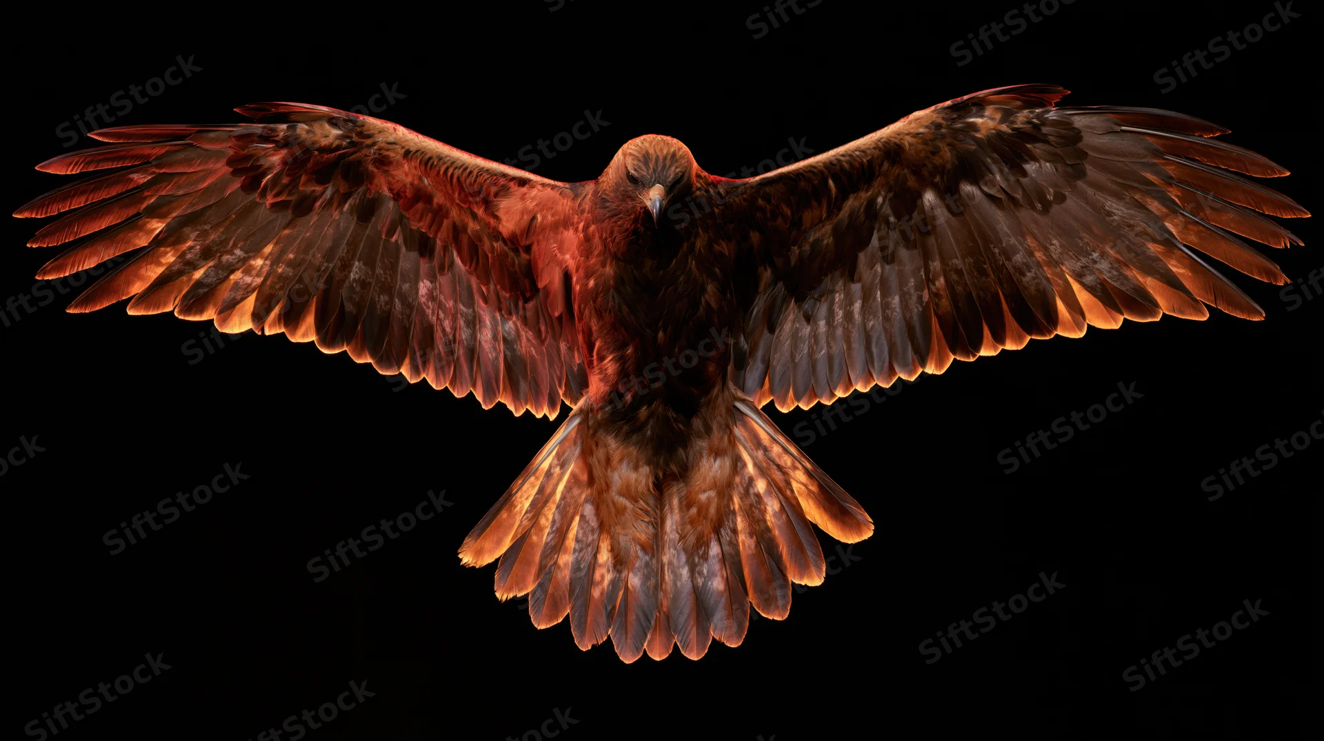 Golden eagle in flight with wings fully spread against black background