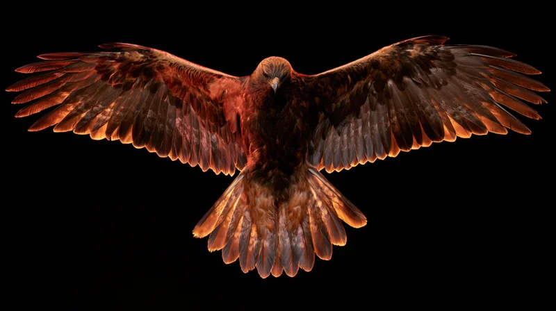 Golden eagle in flight with wings fully spread against black background