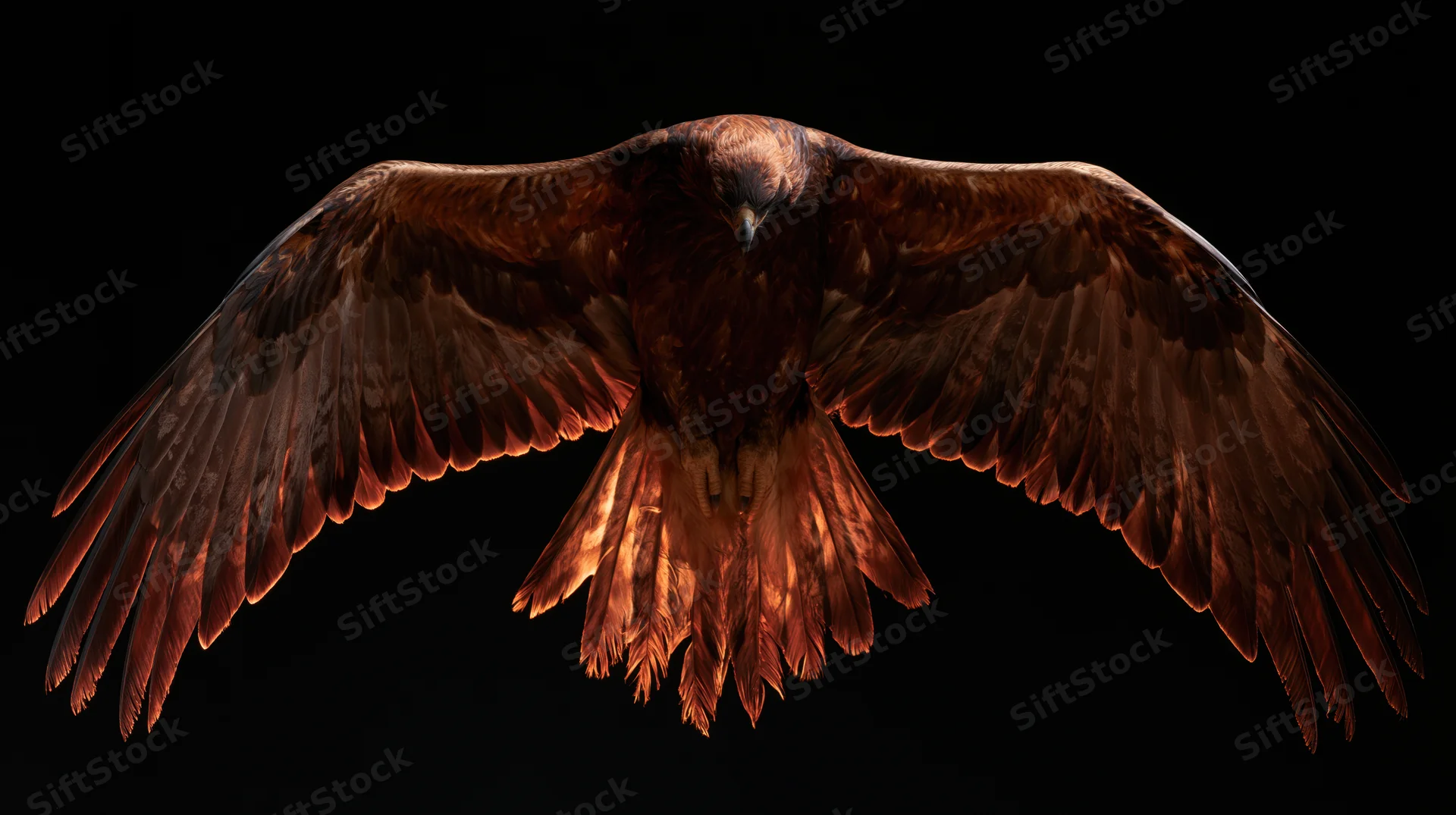Golden eagle in full flight with wings spread wide against black background