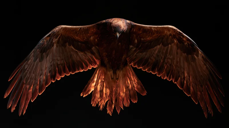Golden eagle in full flight with wings spread wide against black background