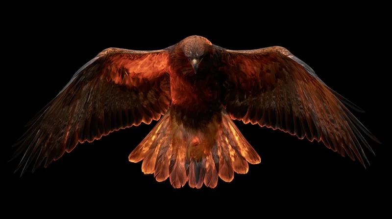Golden eagle in flight with wings fully spread against black background