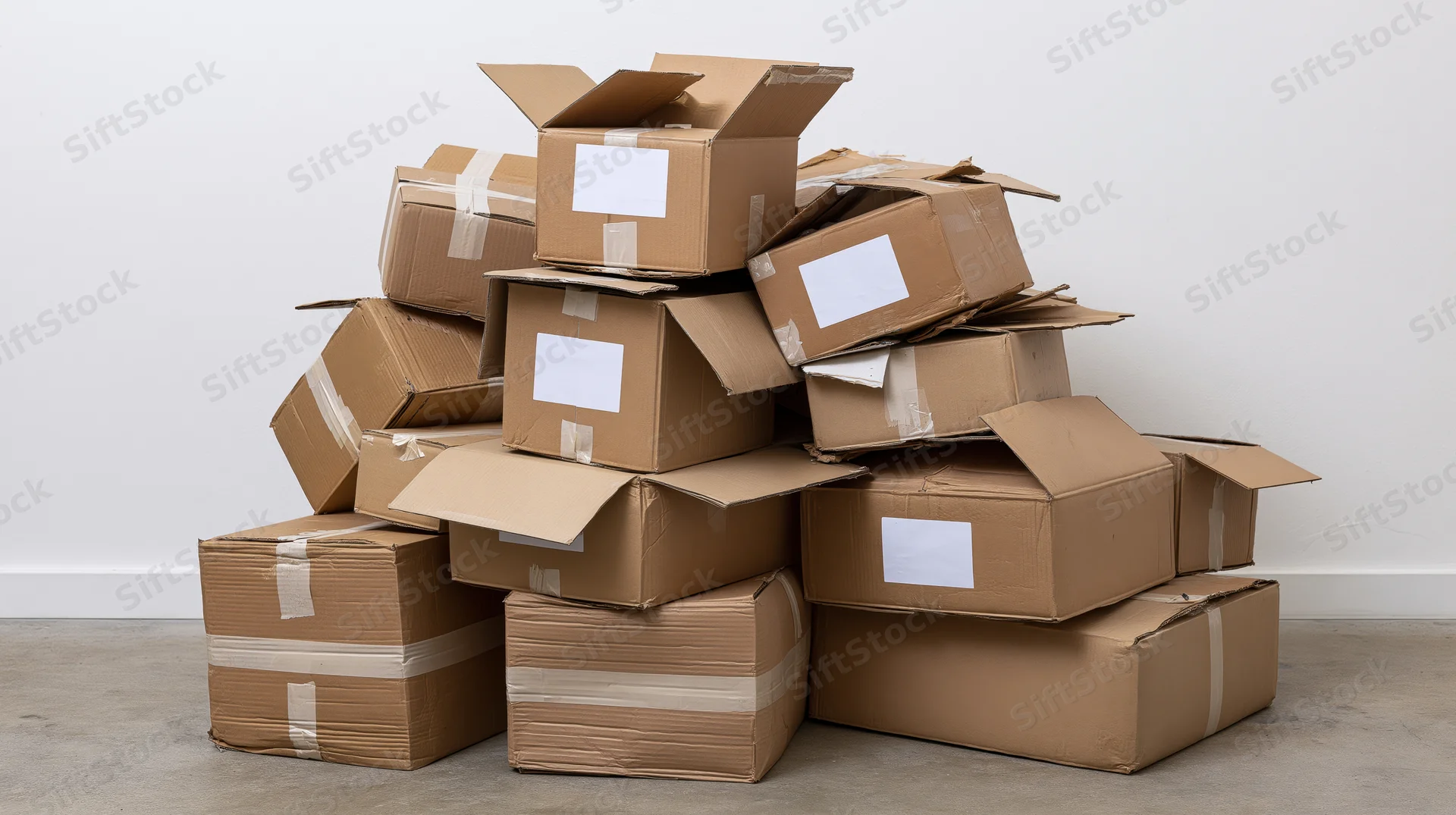 Haphazard pile of cardboard shipping boxes stacked in a warehouse space with white walls and concrete floor