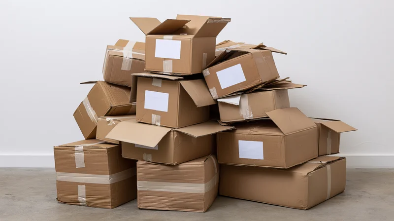 Haphazard pile of cardboard shipping boxes stacked in a warehouse space with white walls and concrete floor
