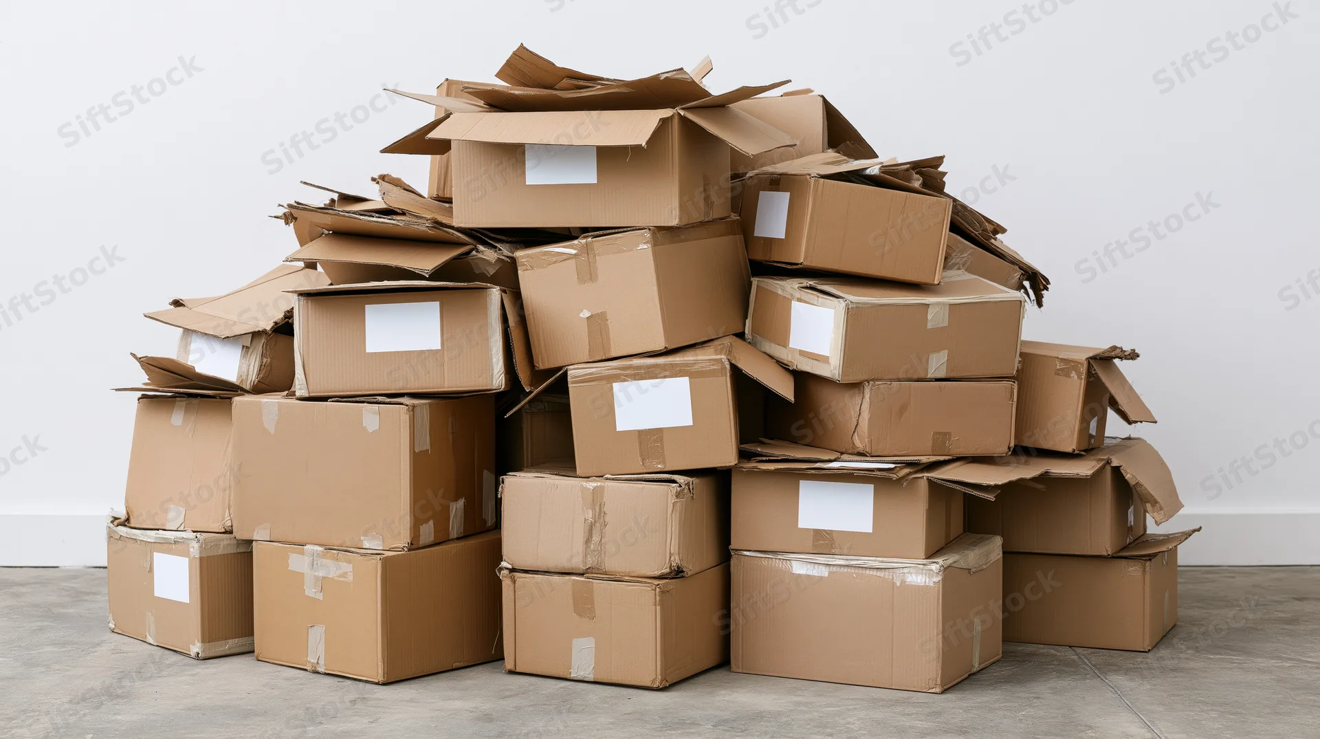 Large disorganized pile of cardboard shipping boxes stacked in a warehouse space
