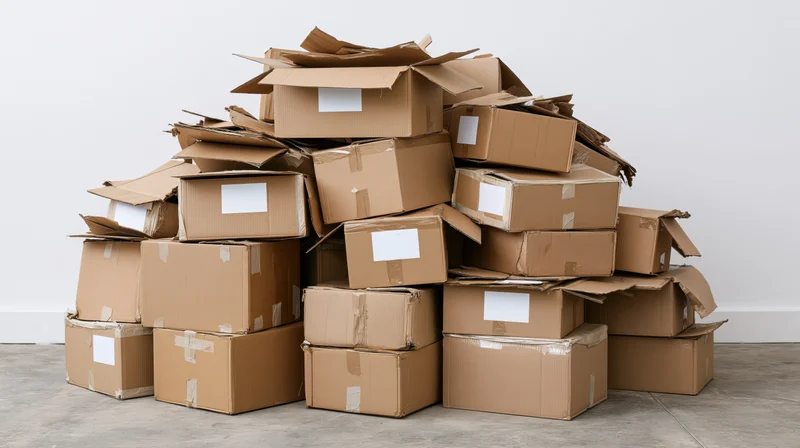 Large disorganized pile of cardboard shipping boxes stacked in a warehouse space