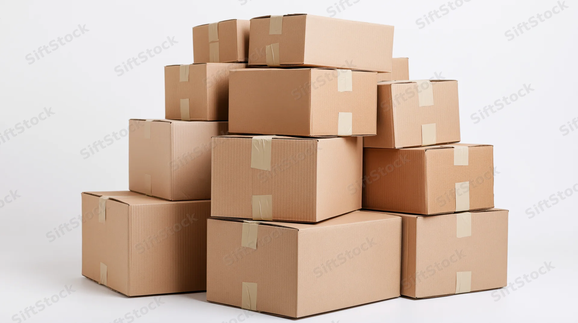 Stack of closed cardboard moving boxes arranged in a pile on a white background