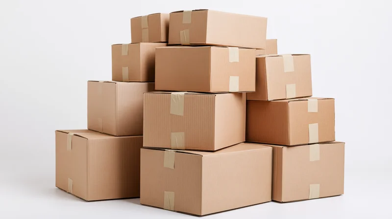 Stack of closed cardboard moving boxes arranged in a pile on a white background