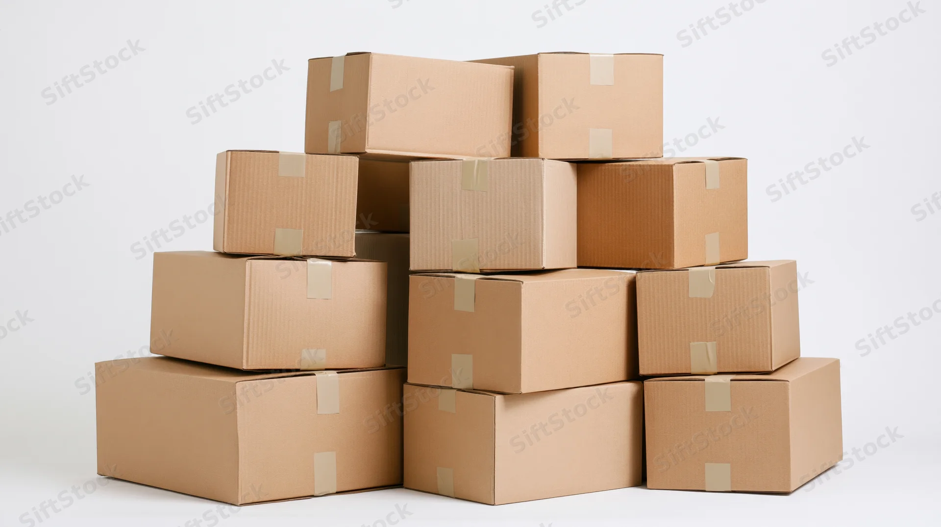 Stack of closed cardboard moving boxes arranged in a pyramid shape on a white background