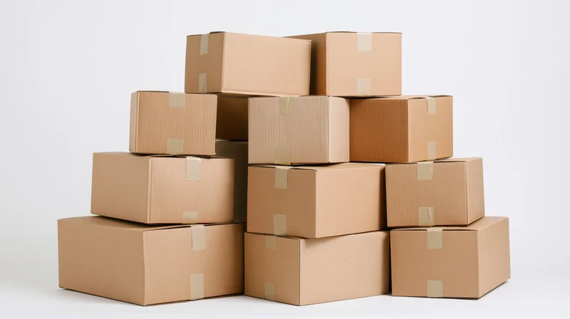 Stack of closed cardboard moving boxes arranged in a pyramid shape on a white background