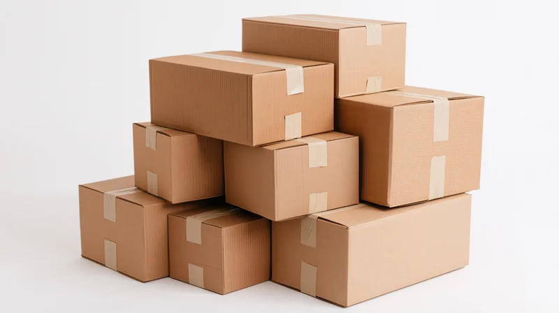 Stack of closed cardboard boxes arranged in a pyramid shape on a white background