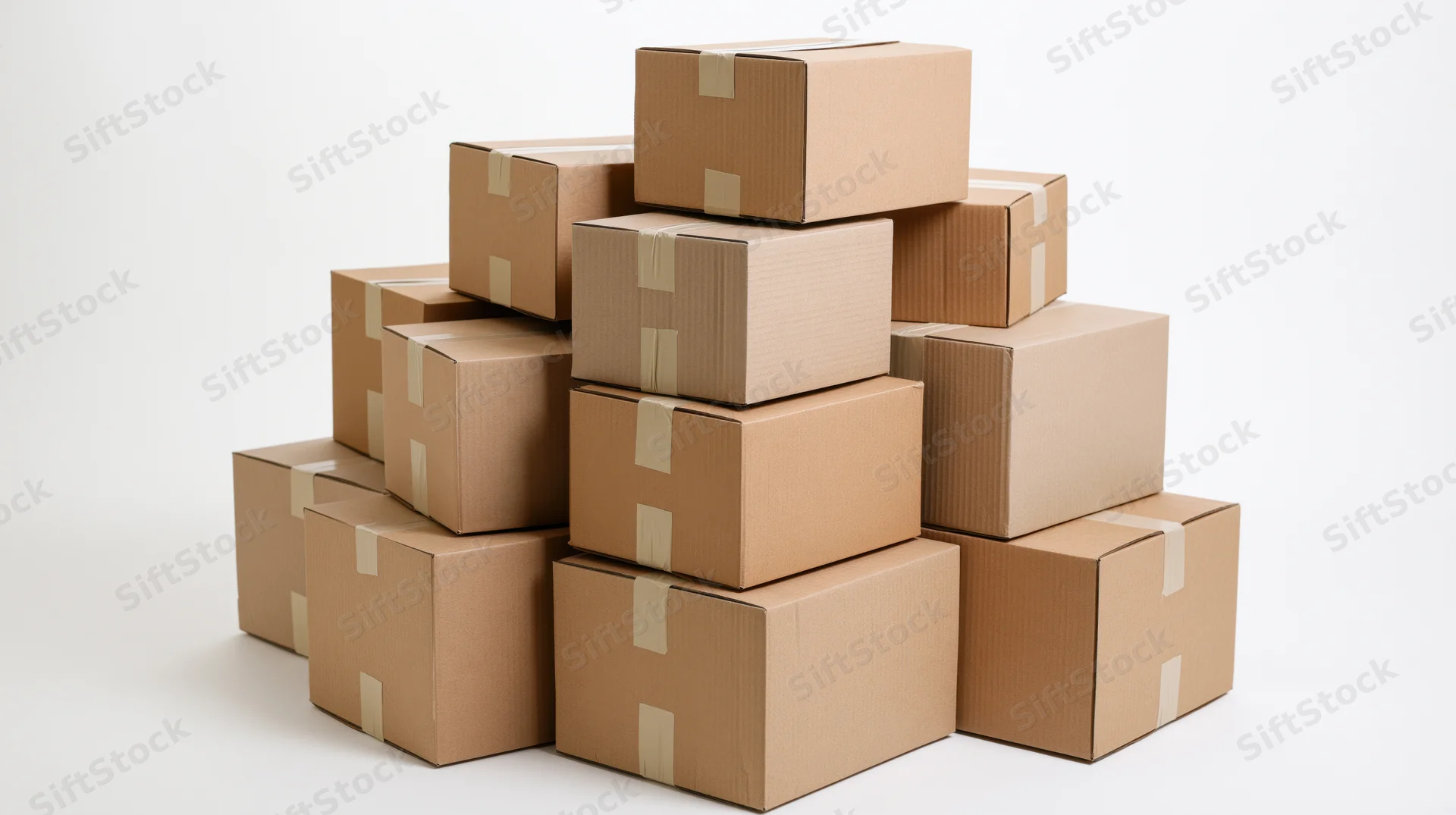 Stack of closed cardboard boxes arranged in a pile on a white background