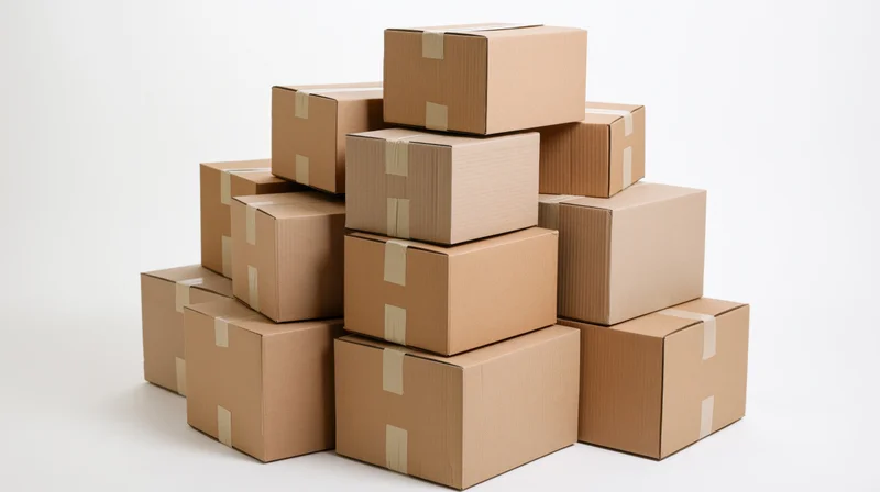 Stack of closed cardboard boxes arranged in a pile on a white background