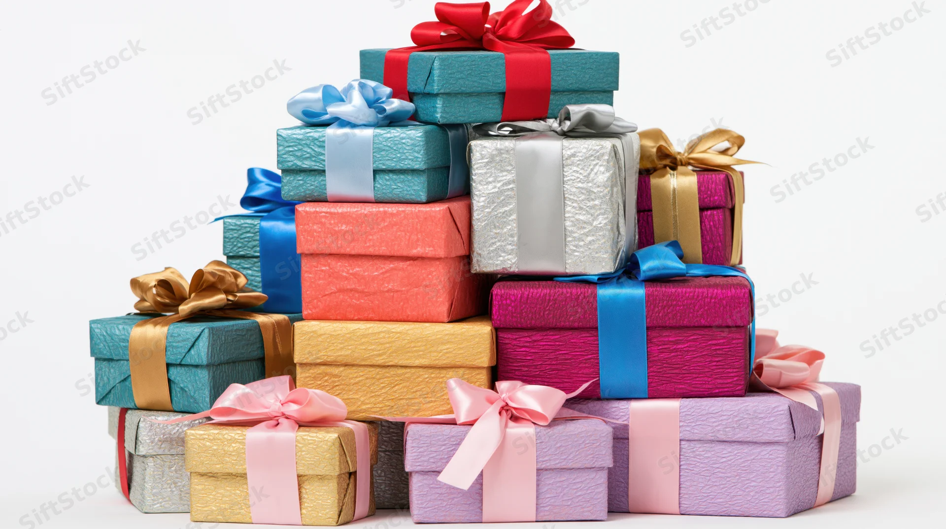 Pyramid stack of colorful wrapped gift boxes with ribbons and bows on white background