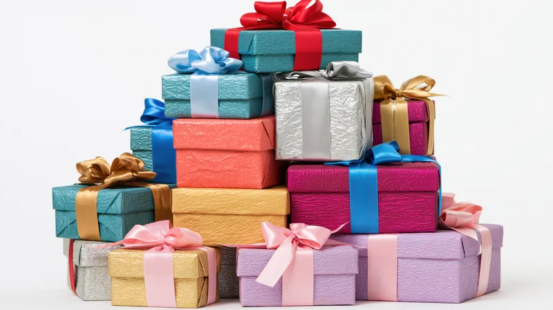 Pyramid stack of colorful wrapped gift boxes with ribbons and bows on white background