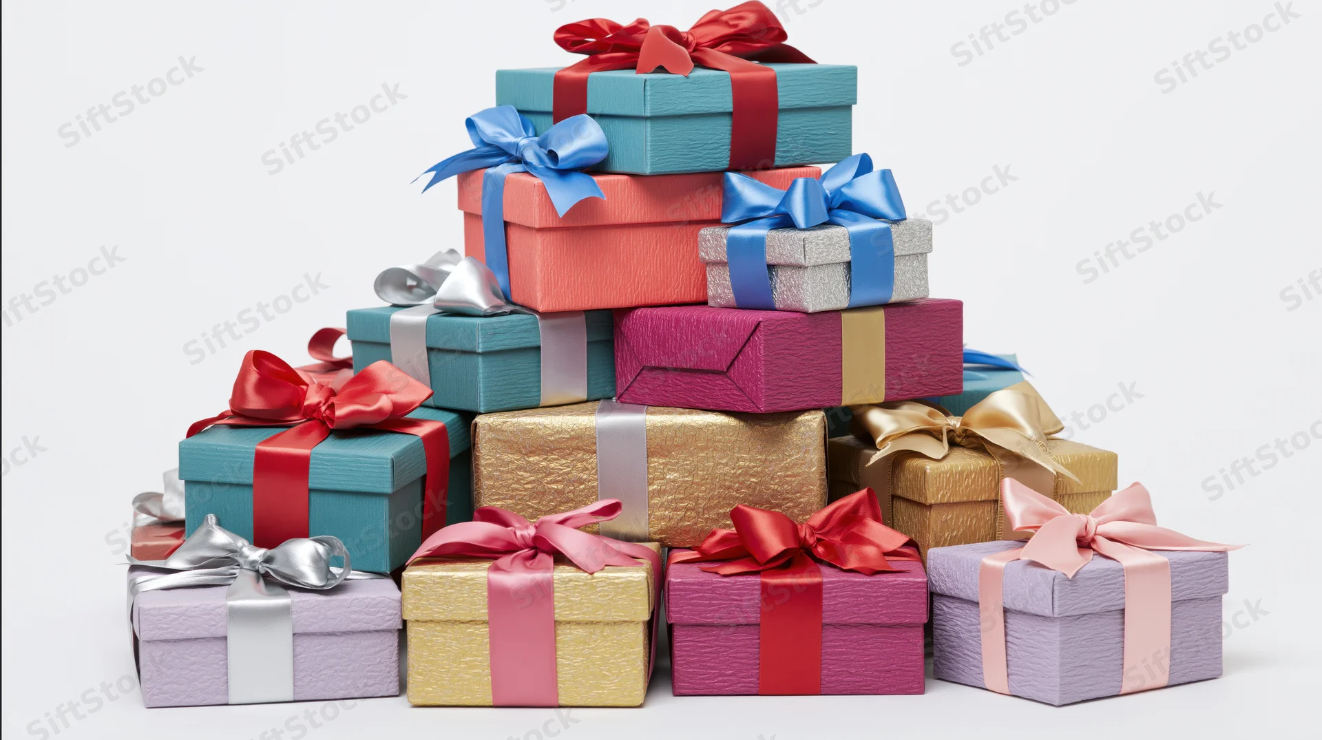 Pyramid stack of colorful wrapped gift boxes with ribbons and bows on white background