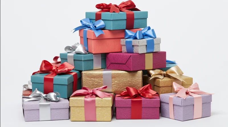 Pyramid stack of colorful wrapped gift boxes with ribbons and bows on white background