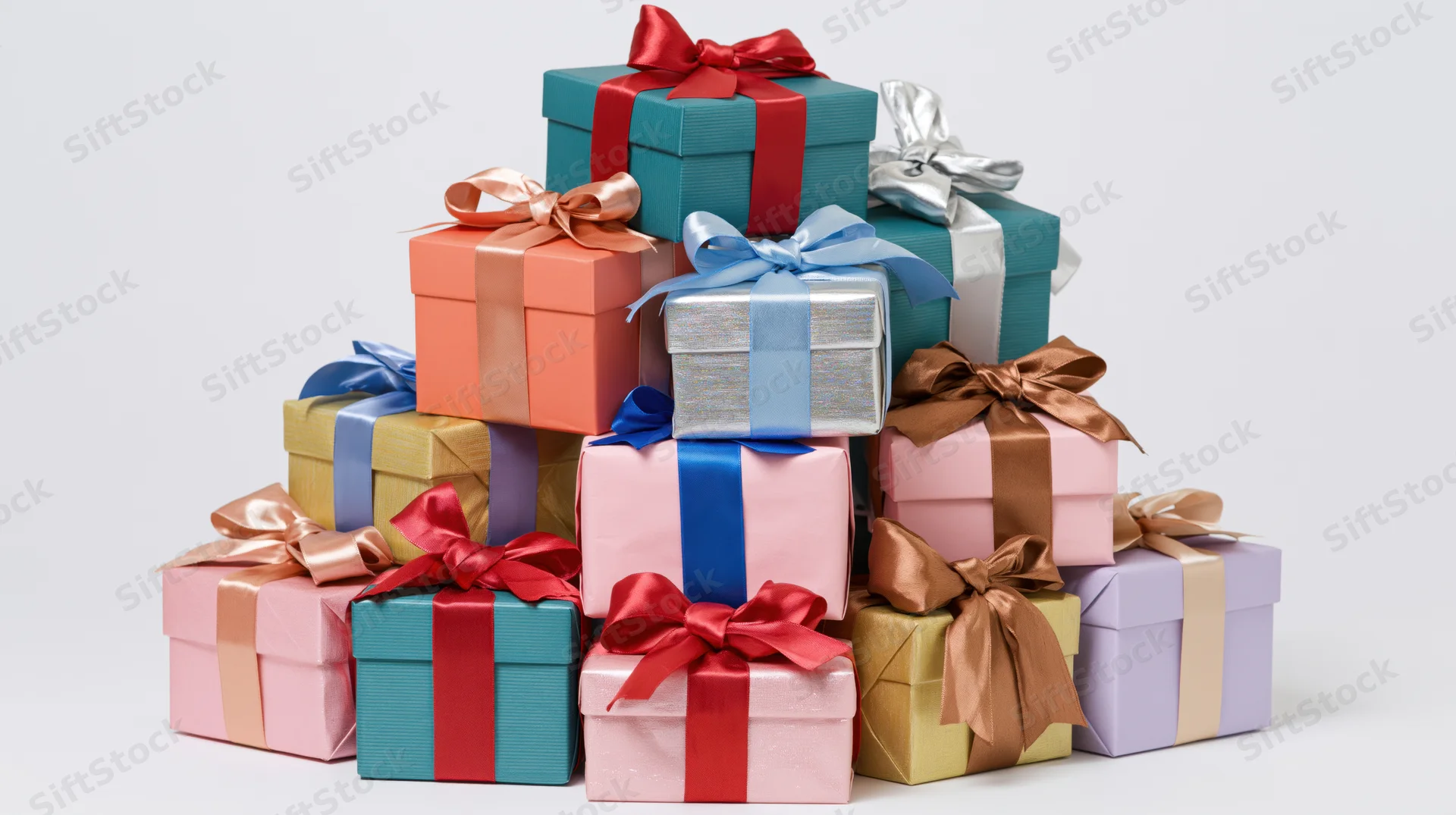 Stack of colorful wrapped gift boxes with ribbons and bows on white background