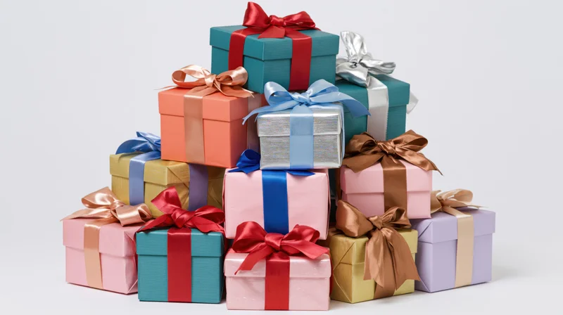 Stack of colorful wrapped gift boxes with ribbons and bows on white background