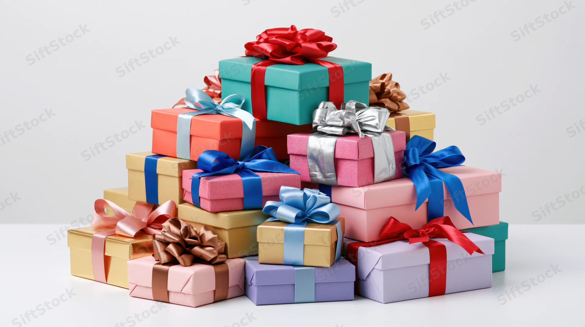 Stack of colorful wrapped gift boxes piled together on white surface